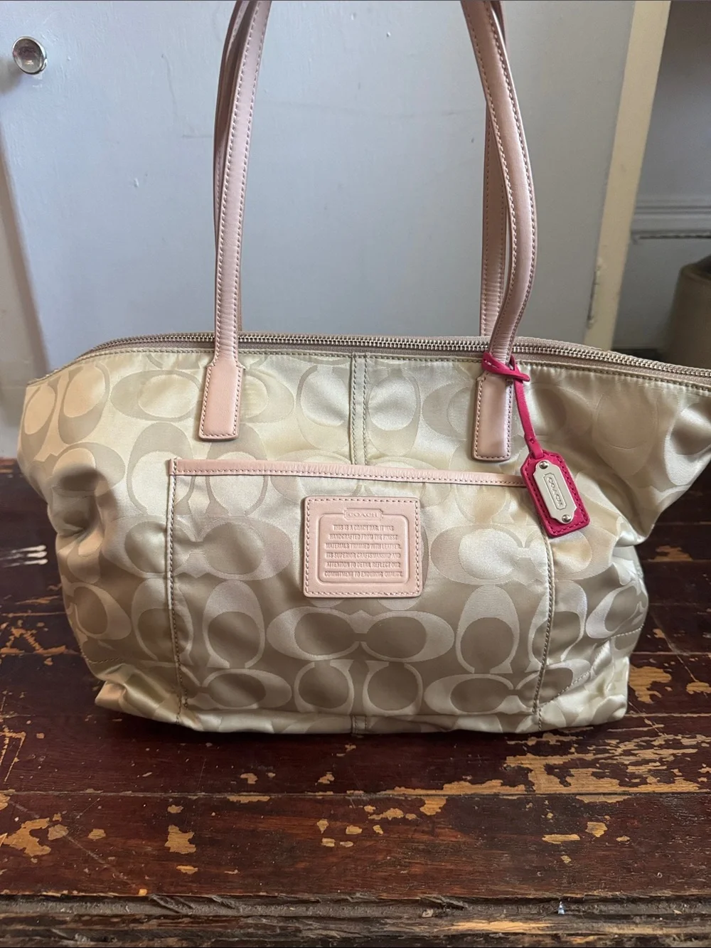 Coach Satin Signature Tote in Gold with Pink Trim and Tag